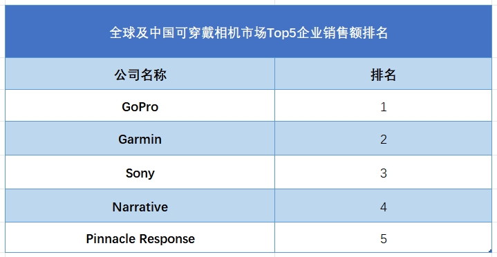 全球及中国可穿戴相机市场Top5企业销售额排名