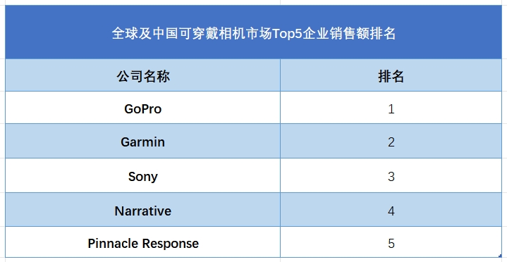 全球可穿戴相机行业排行榜