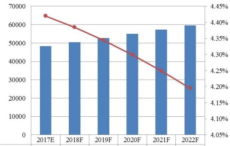 欧洲功能性口香糖销量（百万吨）和增长率（%）预测（2017-2022）