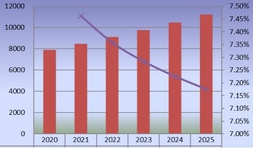 印度2020-2025年二氧化氯产量（公吨）和增长率